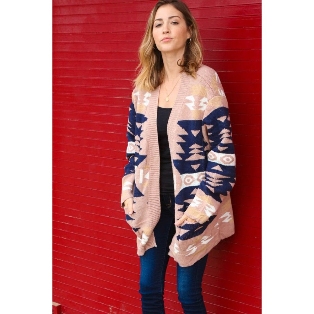 Aztec Tribal Print Open Cardigan with Pockets - Picture 7 of 7